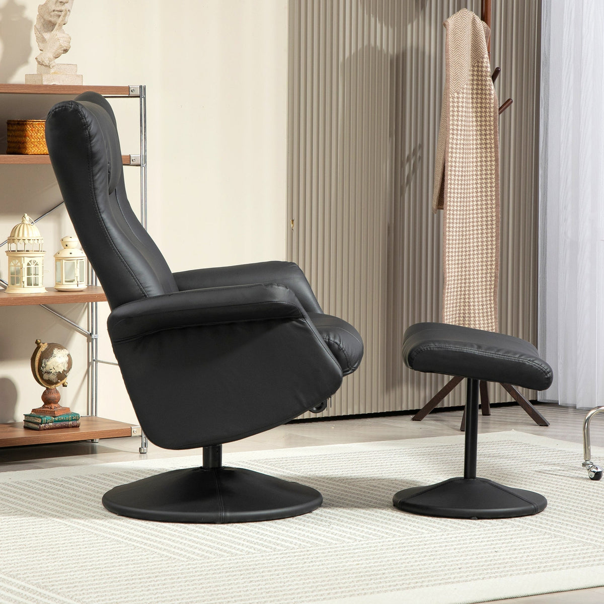 Recliner Chair with Footstool, 360° Rotating, 150 kg, Faux Leather Black