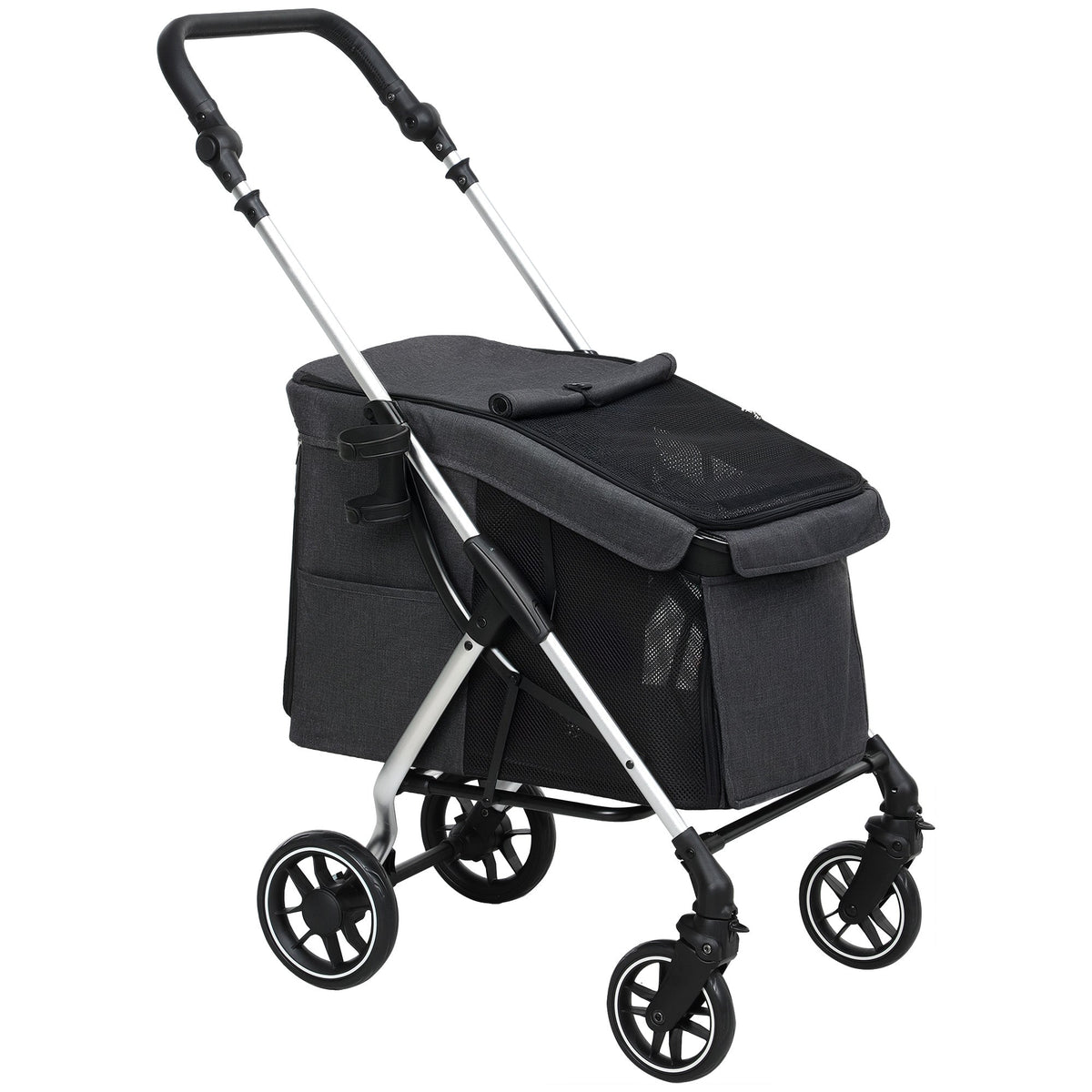 Dog Stroller, Lightweight Foldable with Cushion & Mesh, Aluminum Gray