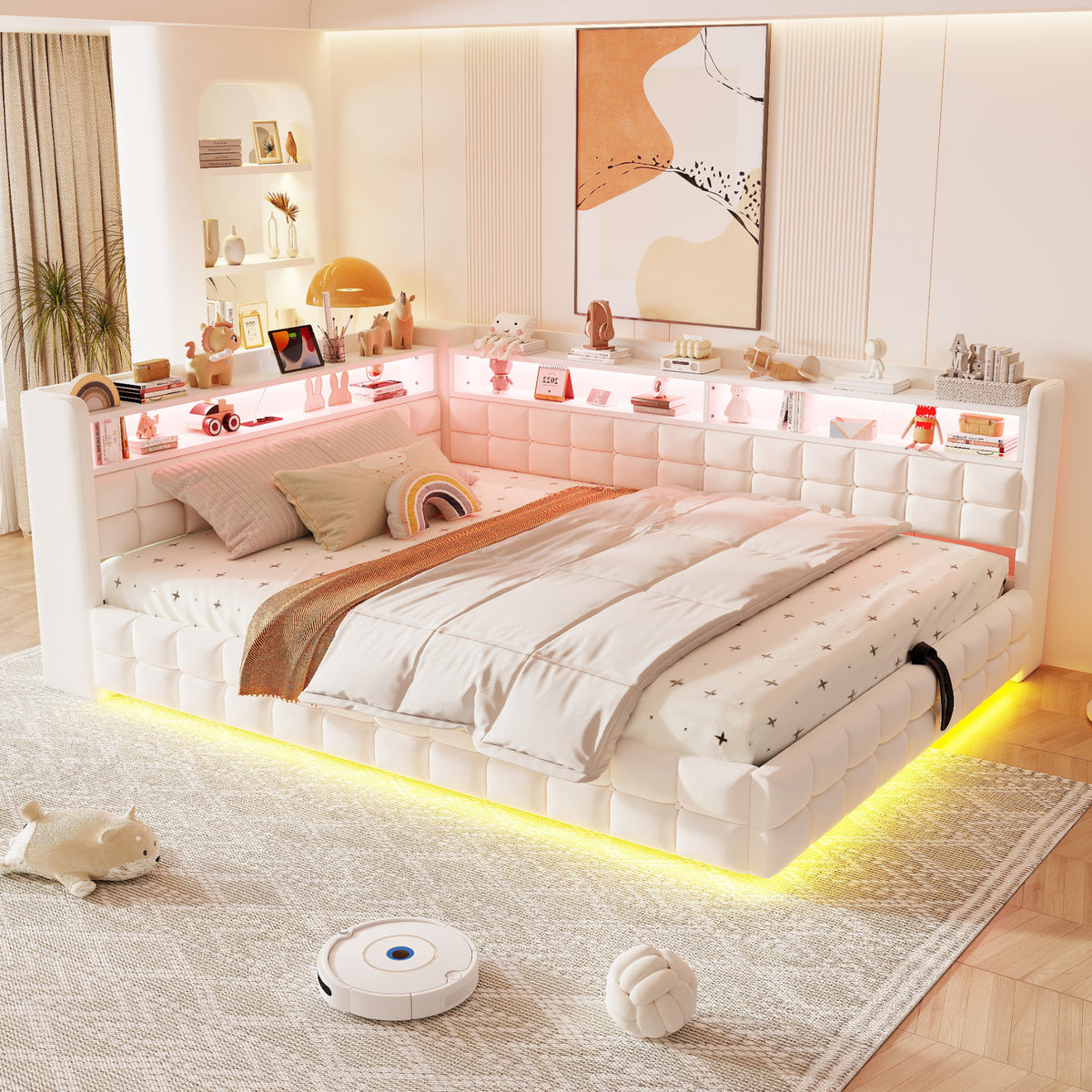 Upholstered Sofa Bed 140x200cm with Storage & LED, Beige Velvet