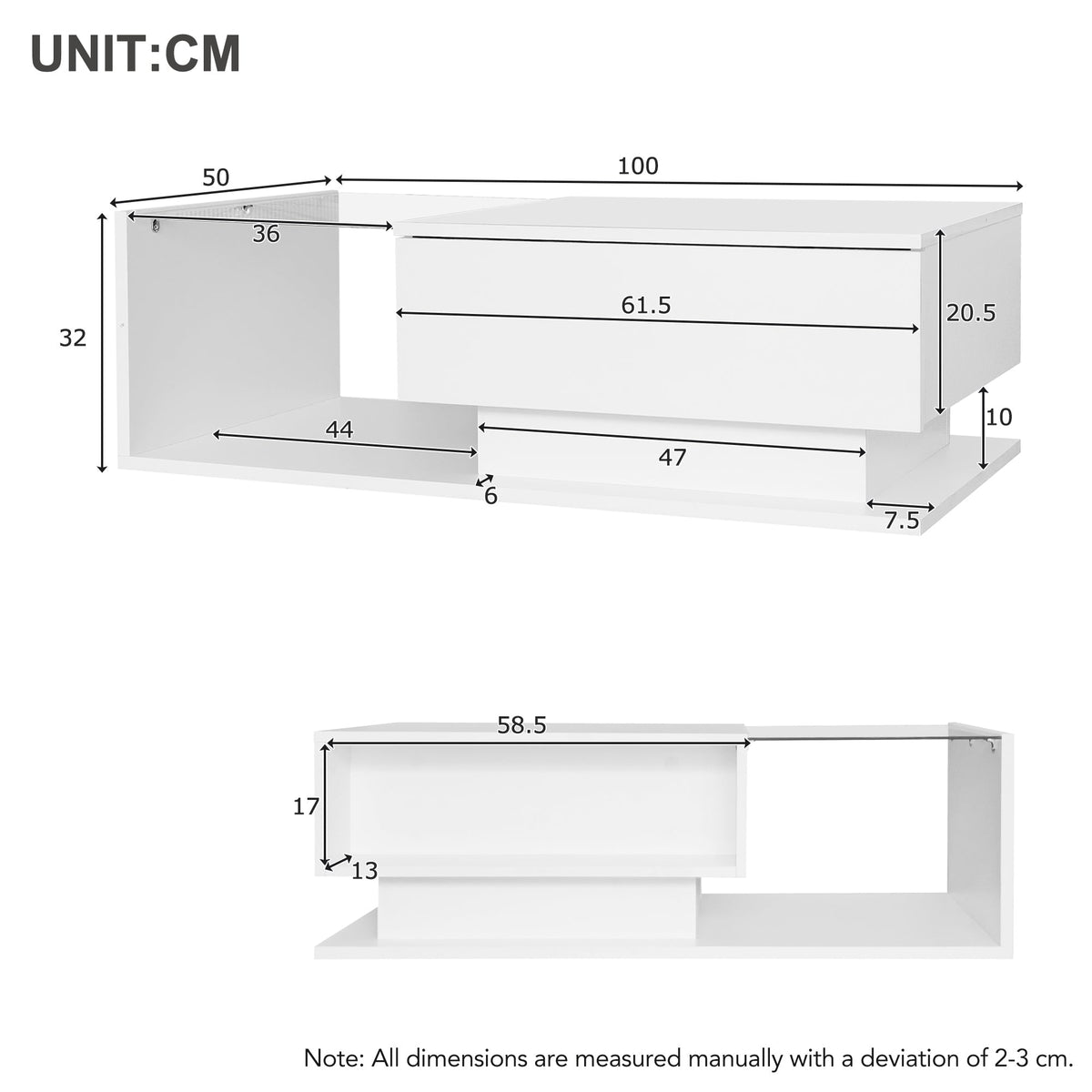 Coffee Table with Glass Top & Drawers, LED Lighting, High-Gloss White