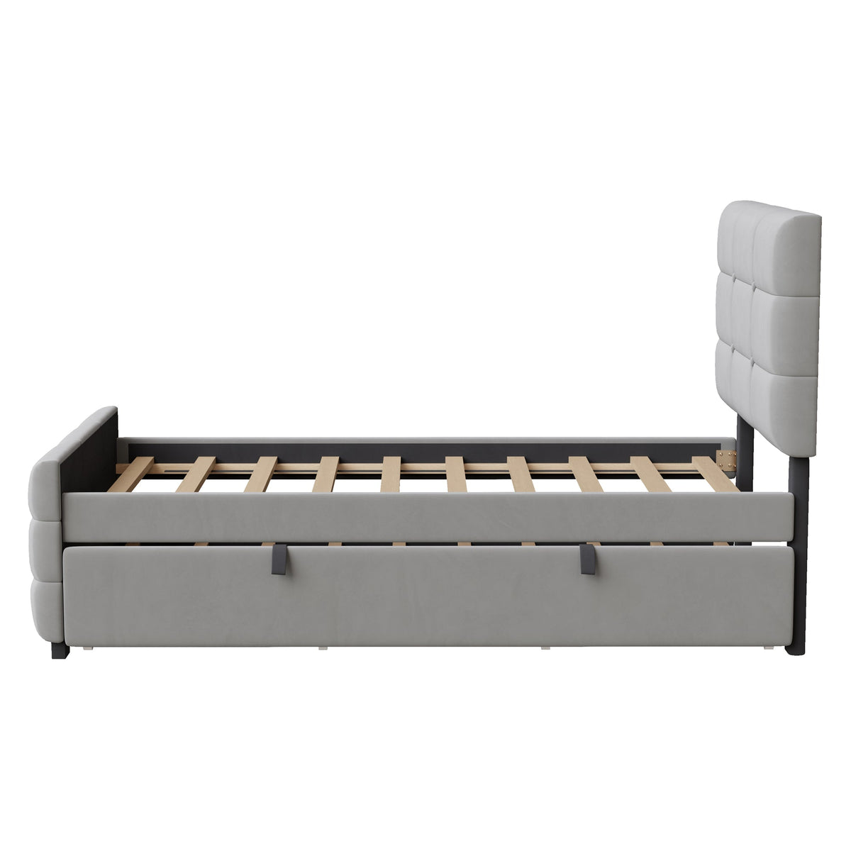 Upholstered Bed with Pull-out Bed, 90x190cm, Grey Velvet Fabric