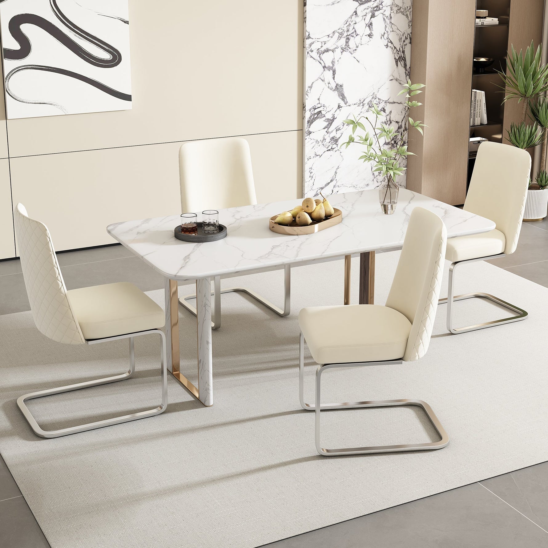 Velvet Dining Chair Set of 6, Diamond Back Design with Silver Metal Legs, Beige Velvet