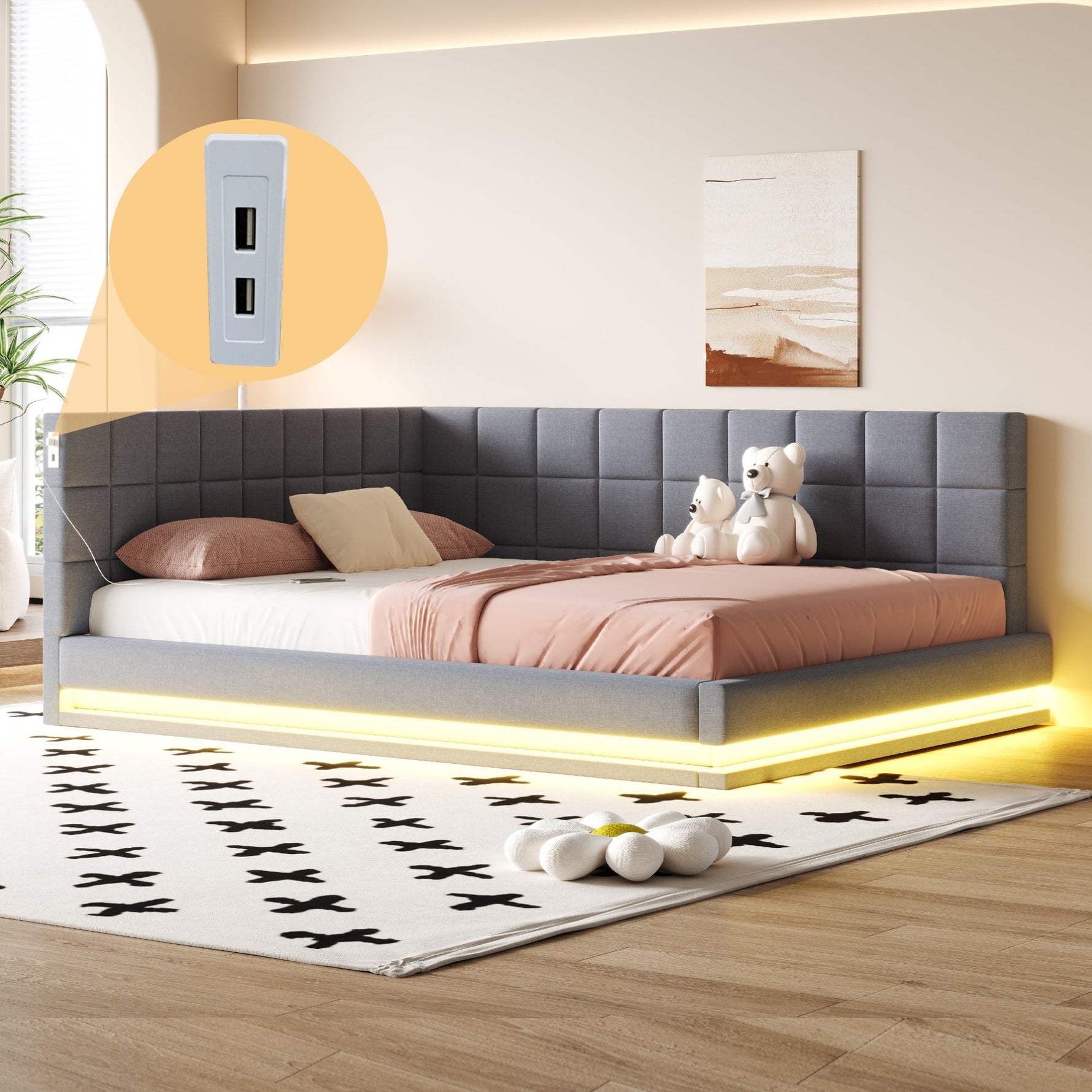 Upholstered Sofa Bed 160*200 Multifunctional with LED & USB, Grey Linen