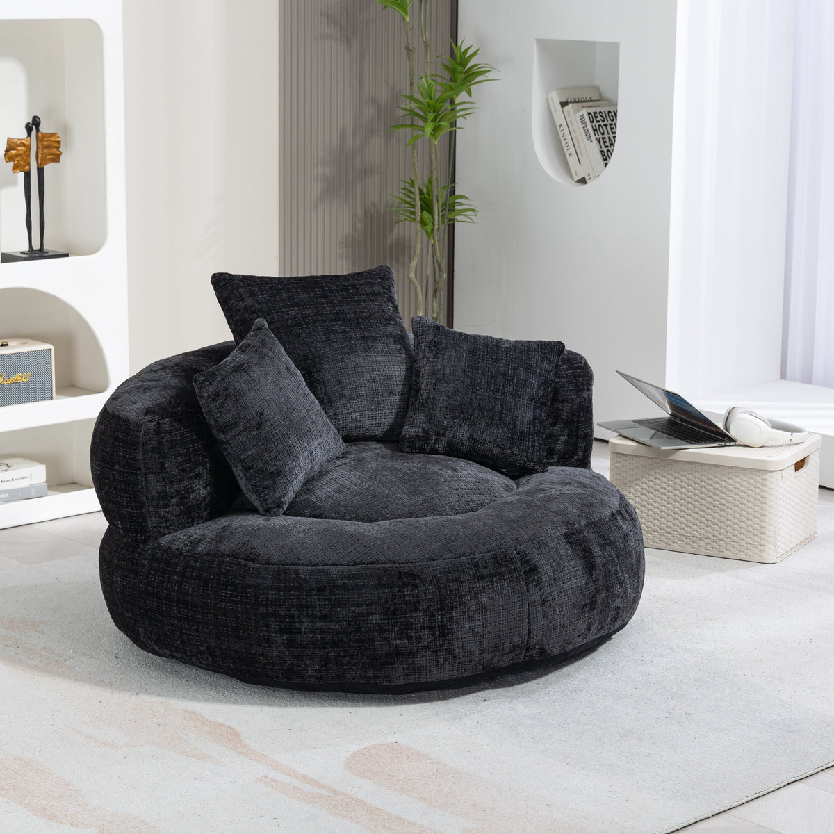 Lazy Sofa High Back Beanbag Chair with Three Cushions, Indoor/Outdoor, Black Chenille
