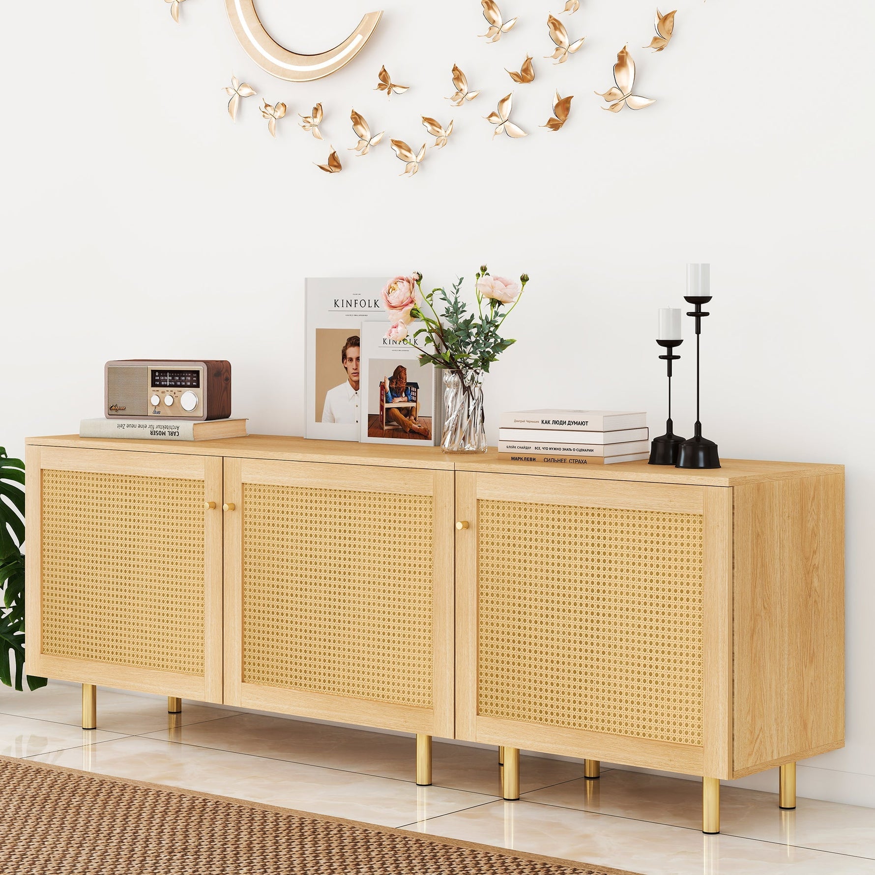 Modular Storage Cabinet Sideboard, 3-Door Rattan Rustic 180cm, Natural Wood Look