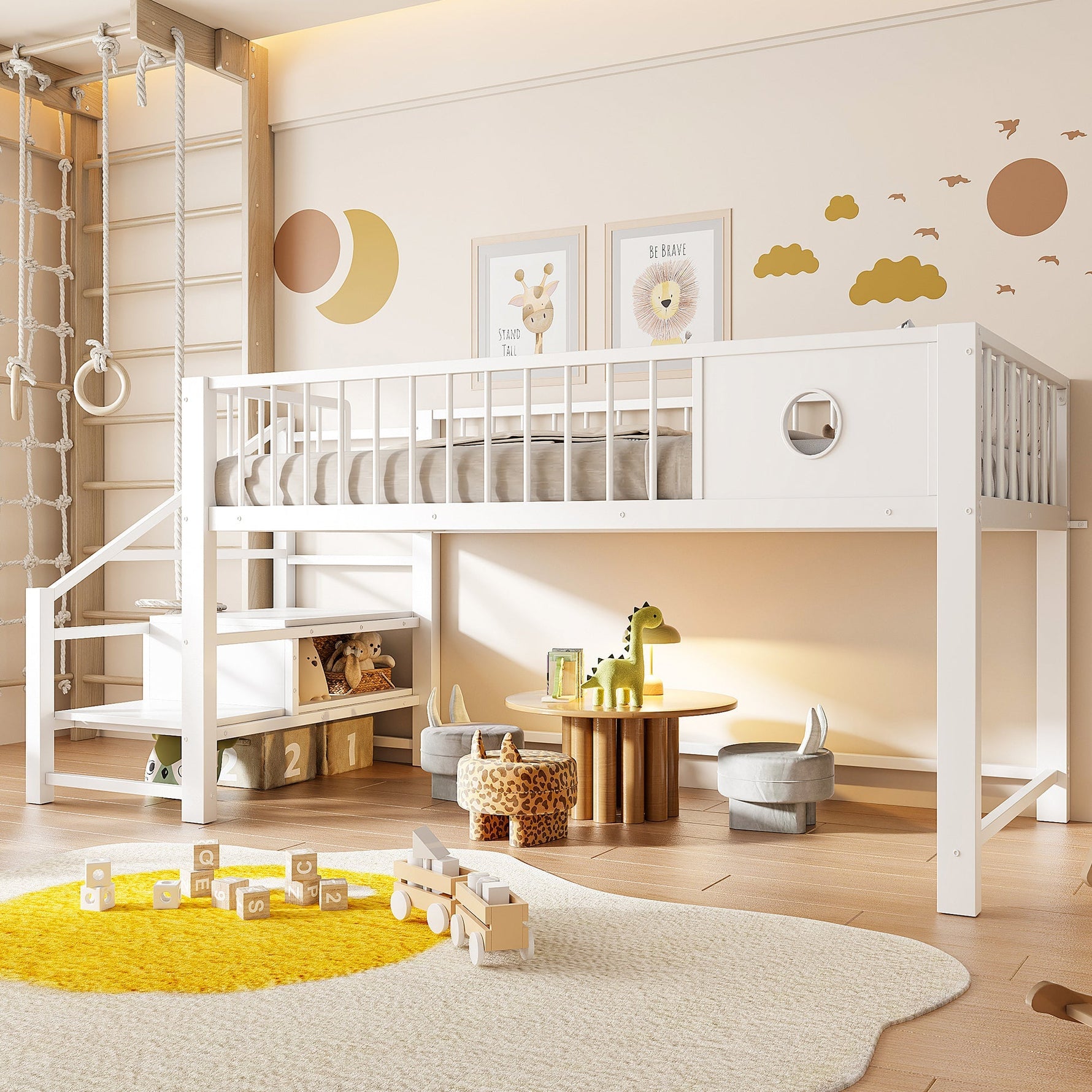 Low Loft Bed for Children with Storage Ladder and Metal Frame, 90x200cm, White