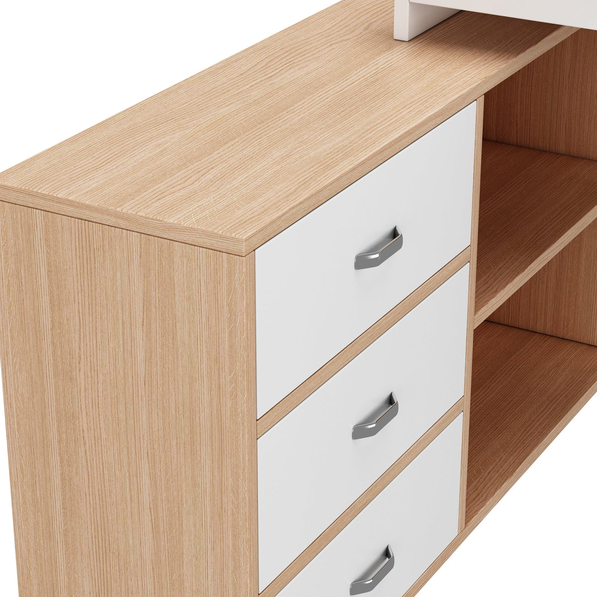 Simple Office Desk with 3 Drawers, 2 Open Shelves, Steel Frame - Natural