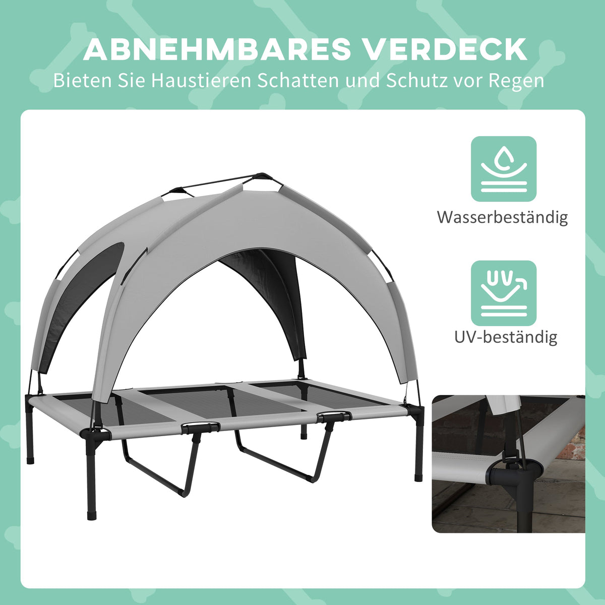 Elevated Dog Bed, Canopy Outdoor Lounger, Breathable, Light Gray Oxford