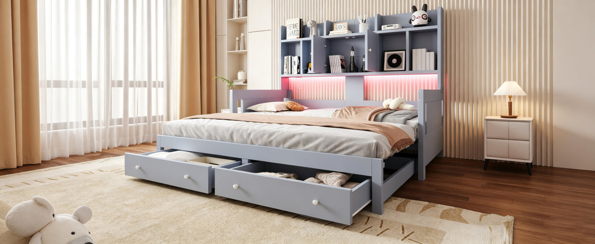 Extendable Sofa Bed with Storage & LED Lighting, Grey Wood