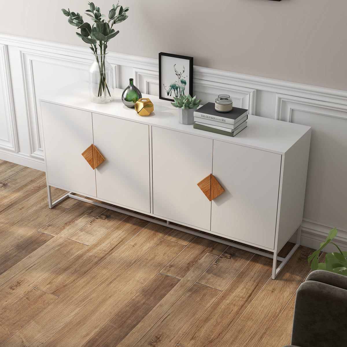 Sideboard, 4 Doors Double Storage Square Handle Design, Solid Wood