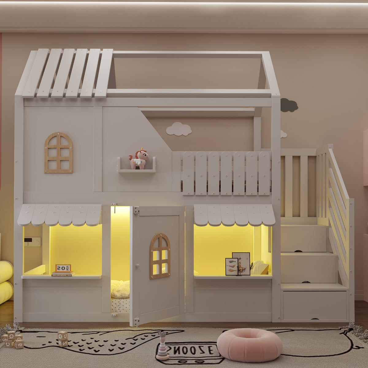 Children's House Bunk Bed 90x200cm with Storage Ladder & LED, White