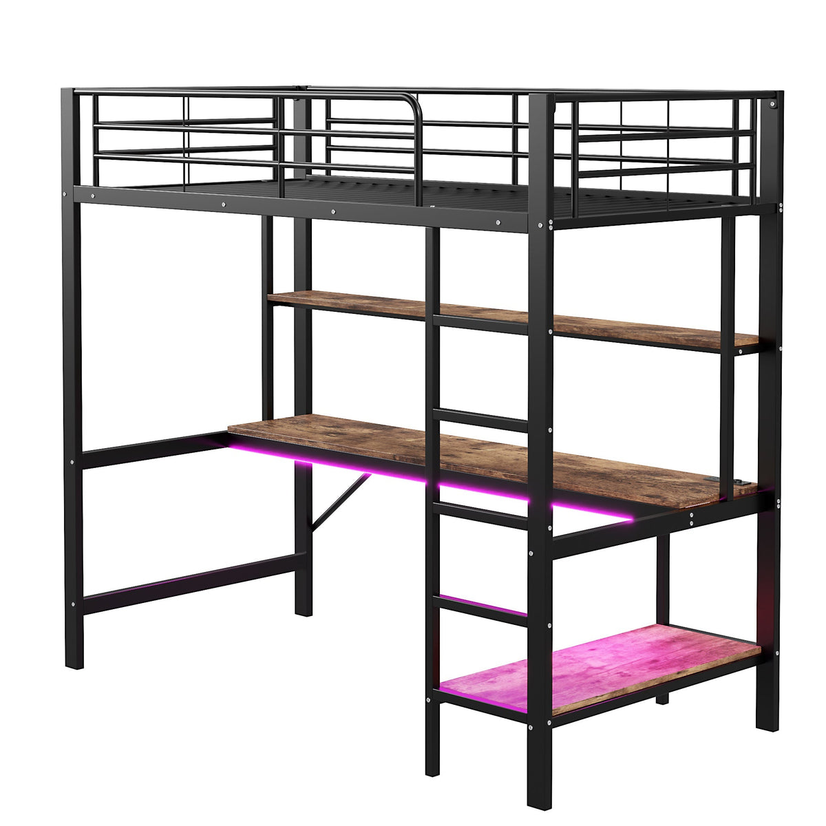 Loft Bed with Desk, LED Lights, USB and Power Outlet, Black Metal