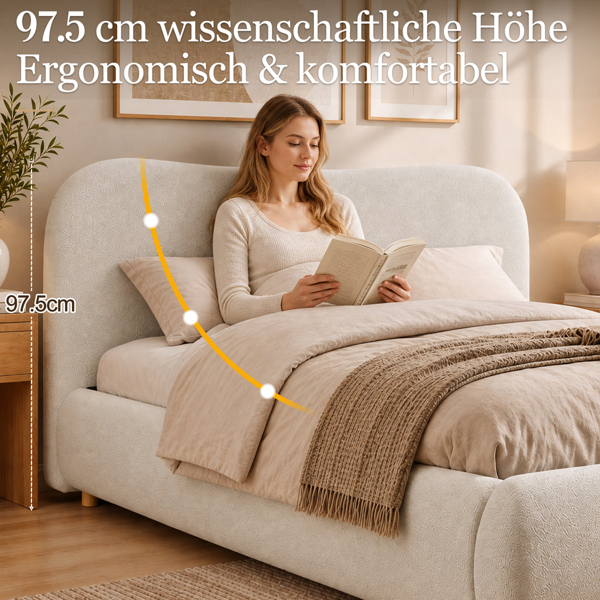 Upholstered Double Bed 180x200cm with Storage, White Bouclé