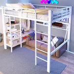 Loft Bed with Storage, LED Light and Clothes Rail, 140 x 200 cm, White Iron Frame