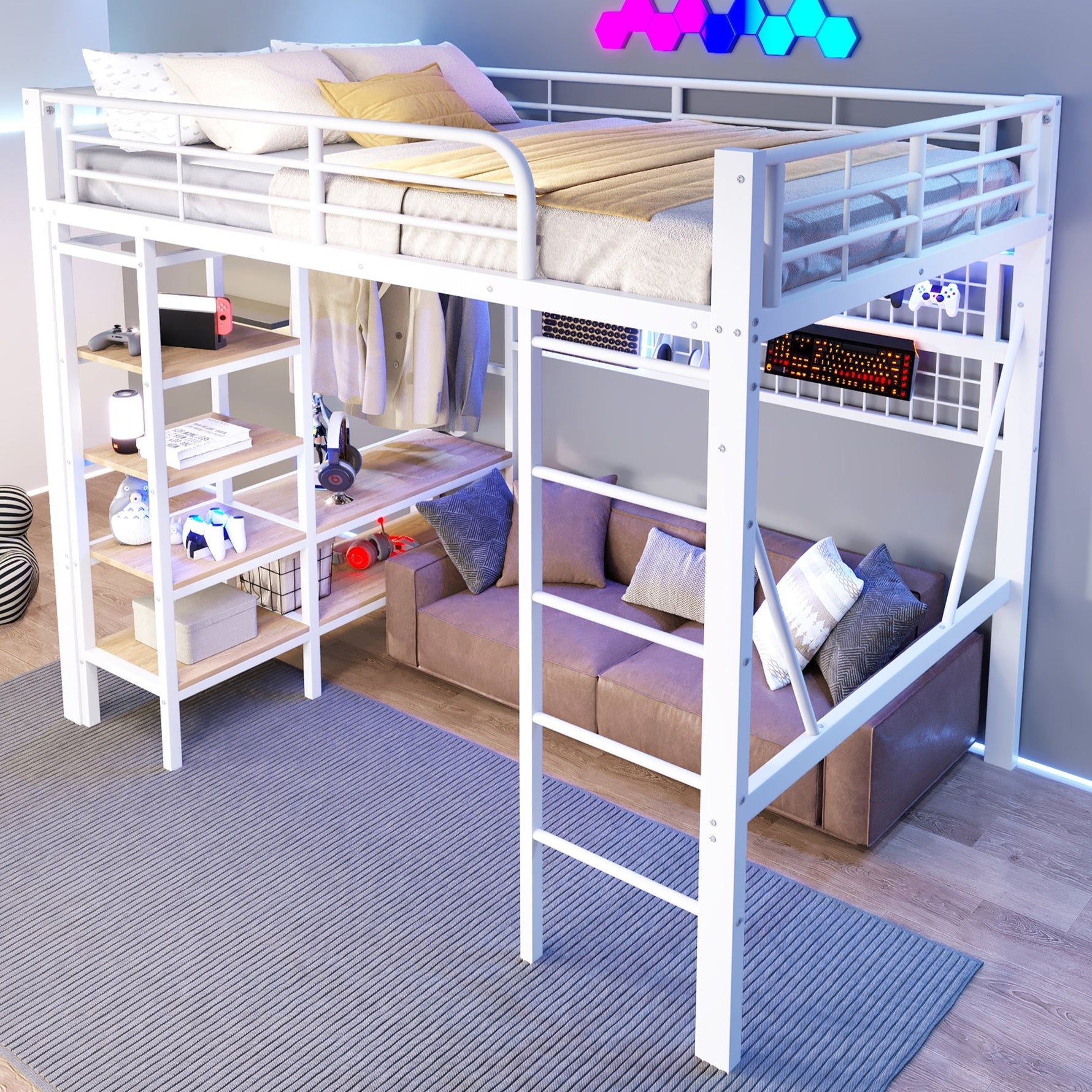 Loft Bed with Storage, LED Light and Clothes Rail, 140 x 200 cm, White Iron Frame