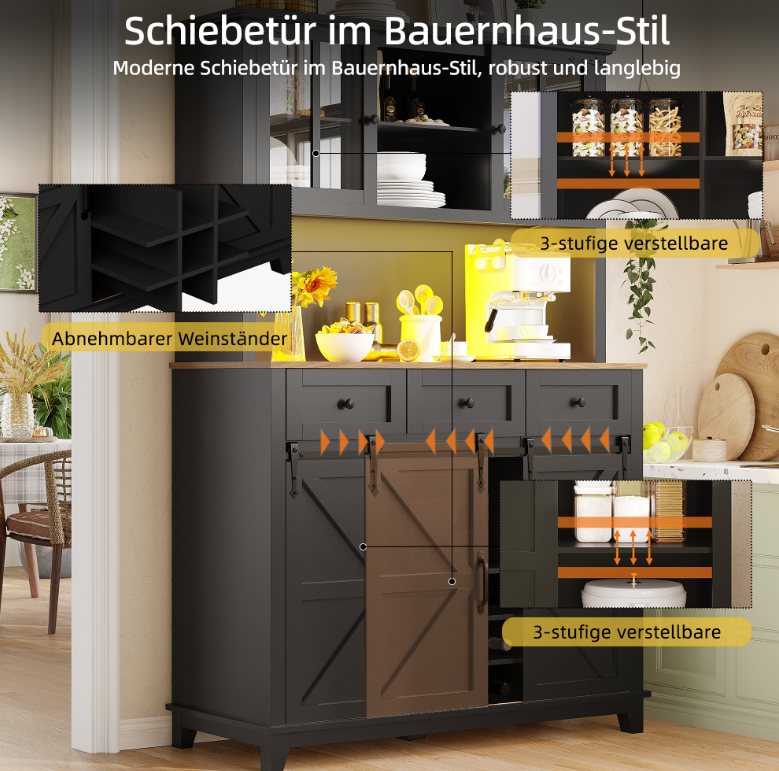 Tall Kitchen Cabinet with LED Lighting and Adjustable Shelves, Black