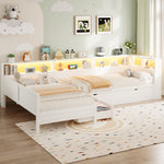 Wooden L-Shaped Platform Bed with Pull-Out Bed and Drawer, White