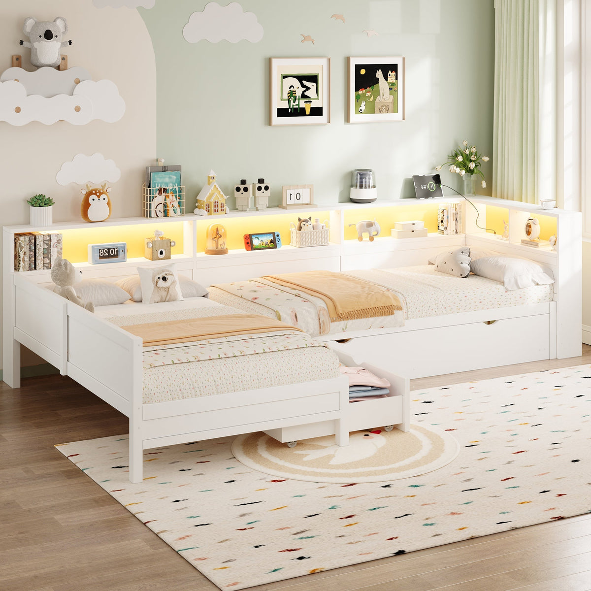 Wooden L-Shaped Platform Bed with Pull-Out Bed and Drawer, White