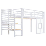 Loft Bed 90x200cm with Stairs, Storage & LED Light, White Metal