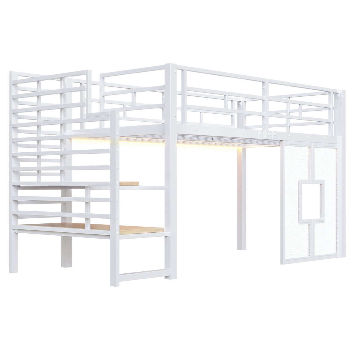 Loft Bed 90x200cm with Stairs, Storage & LED Light, White Metal
