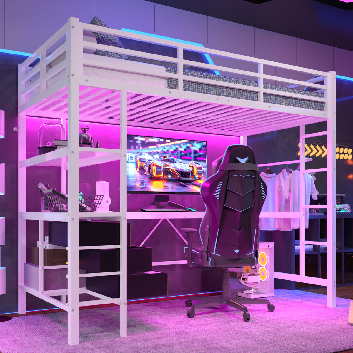 Loft Bed 90x200cm with Desk, LED Lights & Drawers, White