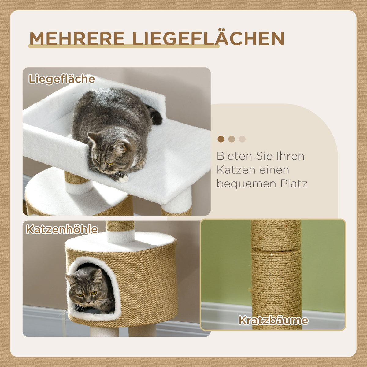 Cat Tree 79cm Small, with Cat Cave & Lying Area, Jute Brown/White