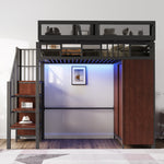 Metal Loft Bed 90 x 200 cm with Wardrobe, Safety Ladder and LED Lighting, Black
