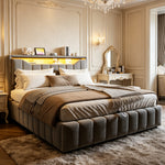 Upholstered Bed 180x200 with Storage & LED Light, Grey Linen