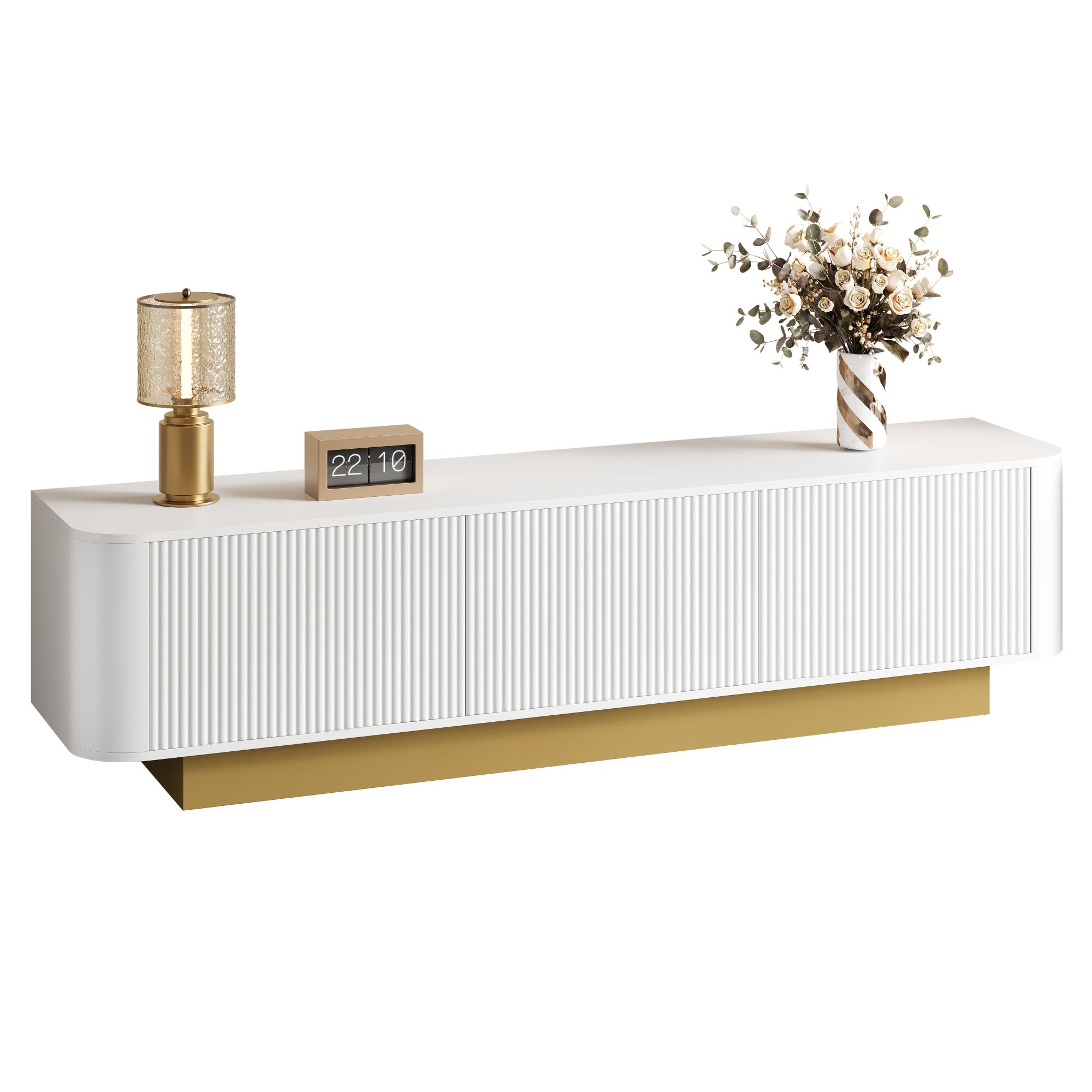 Modern TV Stand with Storage and Cable Management, Rounded Design, White