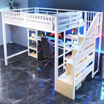 Loft Bed with Desk, Storage Ladder, LED Lights and USB Port, White Metal and MDF