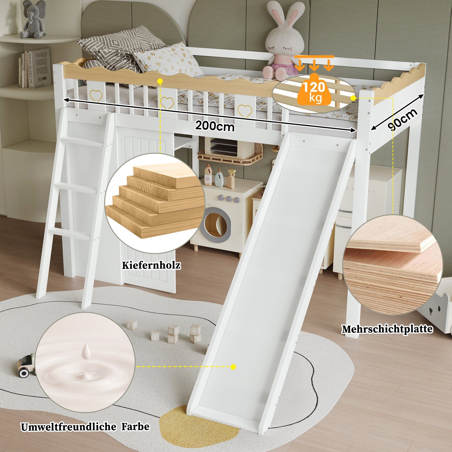 Loft Bed with Slide & Storage, Pine + MDF + Plywood, White + Natural