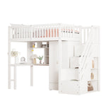 Loft Bed with Wardrobe, Shelf, Table & Storage Stairs, Wooden, White