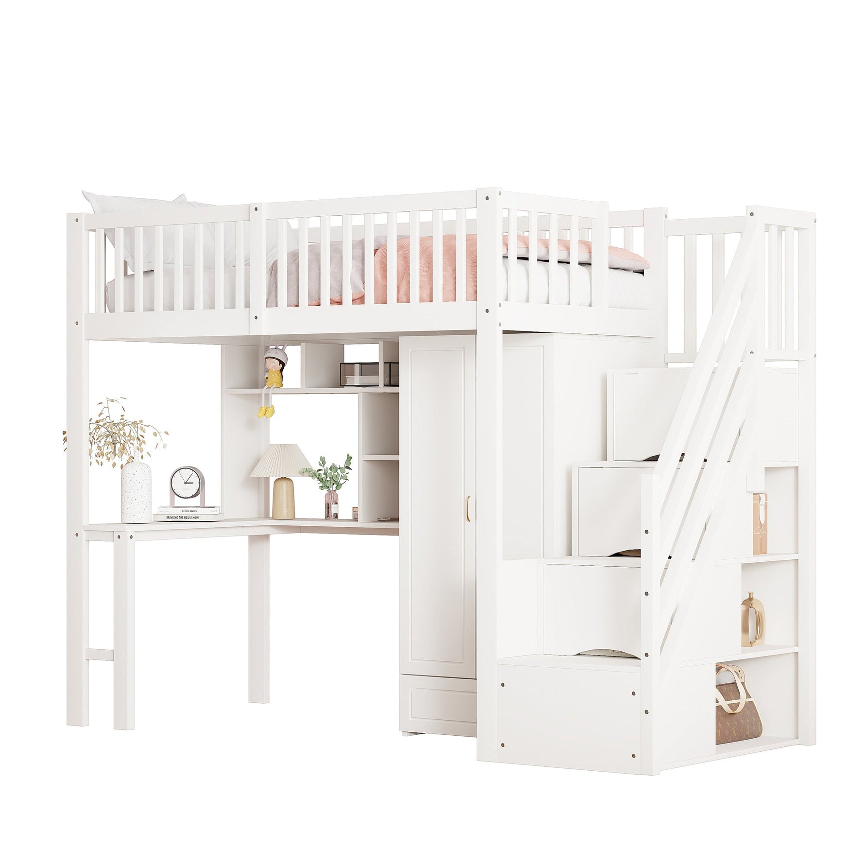 Loft Bed with Wardrobe, Shelf, Table & Storage Stairs, Wooden, White