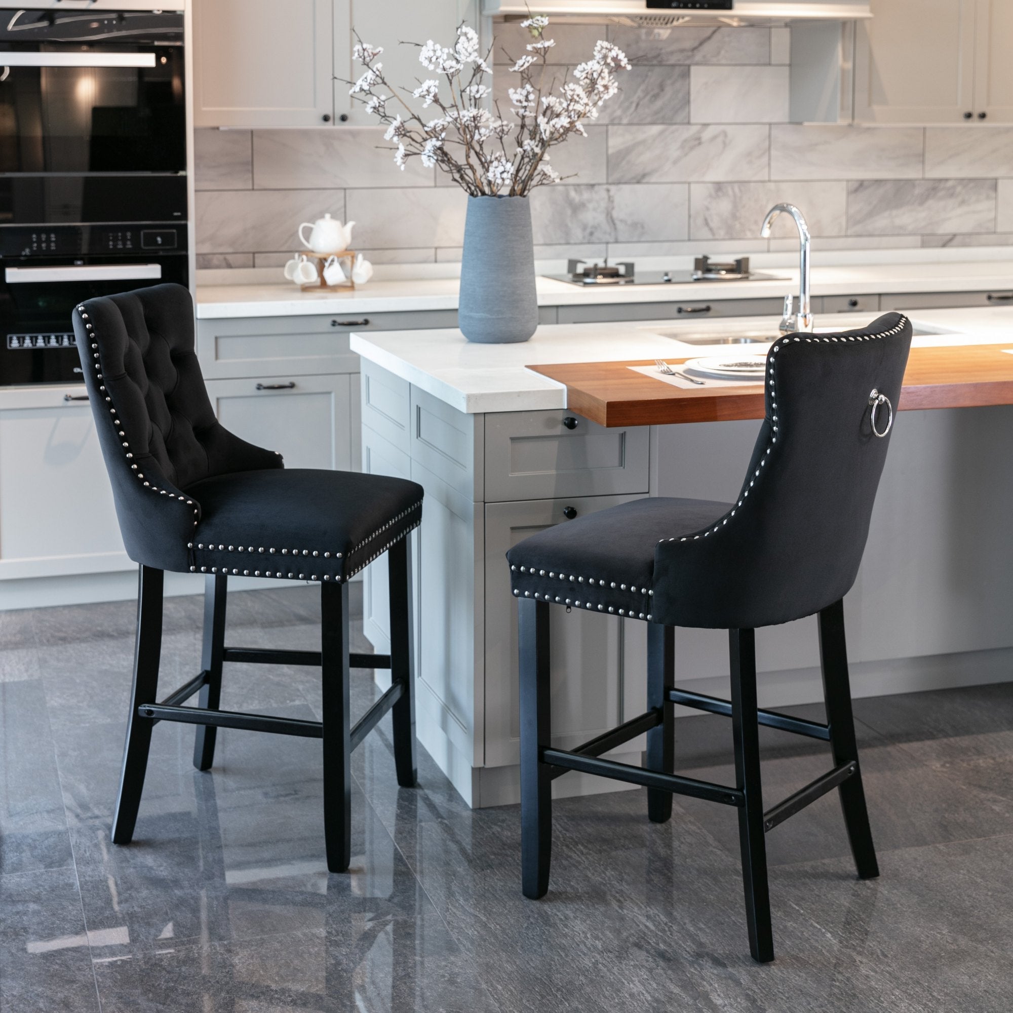 Contemporary Barstools, Button Tufted Wooden Legs Set of 2, Velvet Black