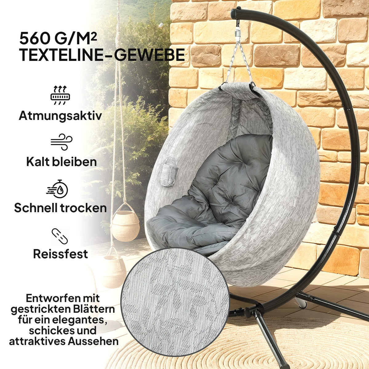 Egg-Shaped Outdoor Hanging Chair, Foldable Swing with Cup Holder, Gray