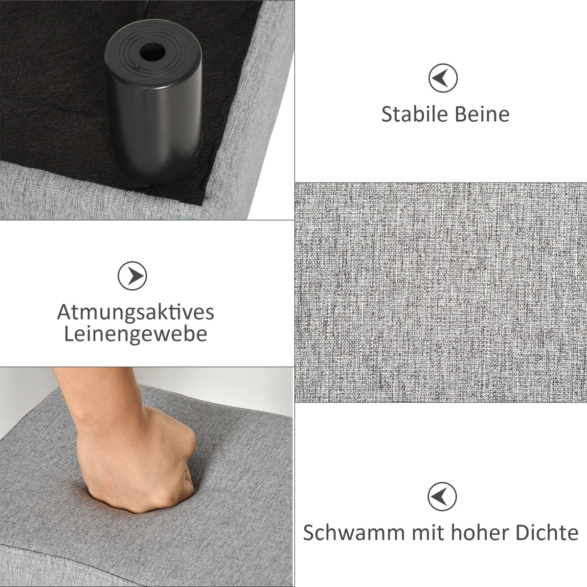 Footstool Rectangular Ottoman Upholstered Linen 150kg Capacity, Grey