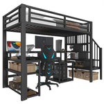 Loft Bed with Desk, Storage Staircase and LED Lights, Black Iron Frame