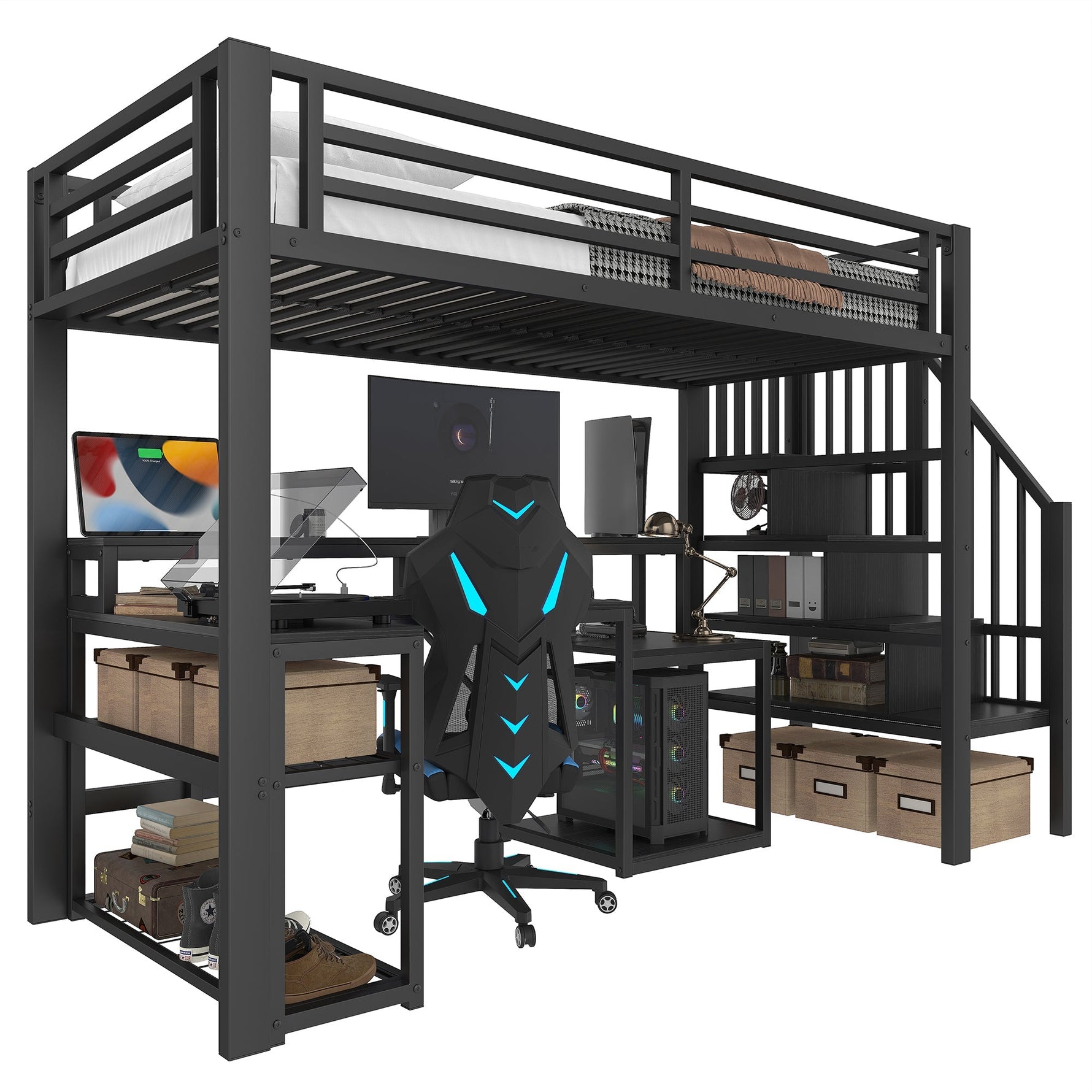 Loft Bed with Desk, Storage Staircase and LED Lights, Black Iron Frame