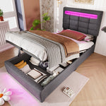 Upholstered Bed with LED Lights, APP Control, Hydraulic Storage and USB Port, Grey Linen
