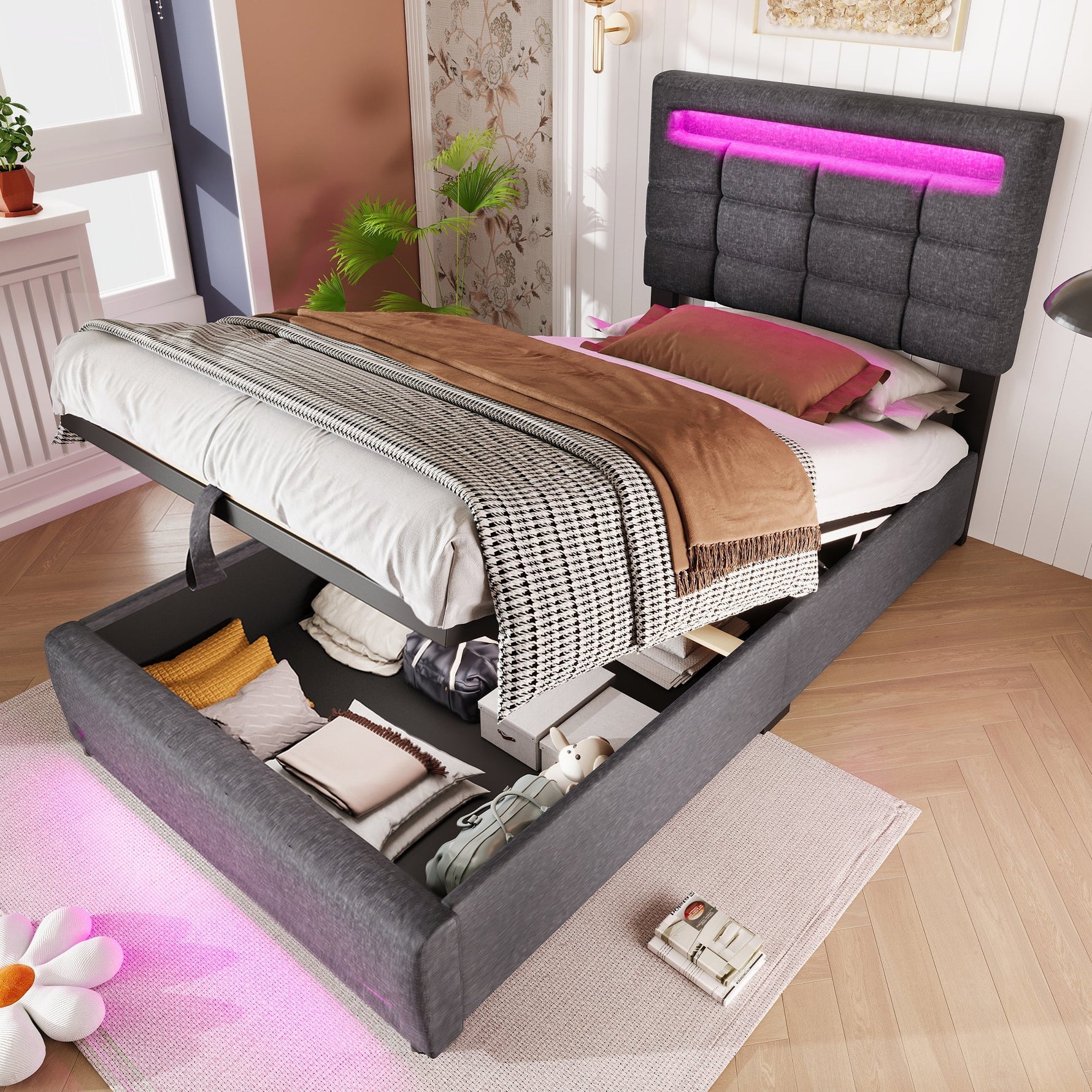 Upholstered Bed with LED Lights, APP Control, Hydraulic Storage and USB Port, Grey Linen