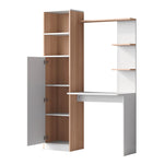 Work Table/Desk with Storage, Lower Cabinet & Open Shelf, White/Slatted Wood