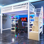 Loft Bed with Desk, Storage Ladder, LED Lights and USB Port, White Metal and MDF