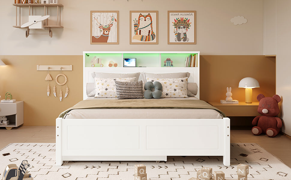 Double Bed with Trundle, Storage & LED Light, White Pine Frame