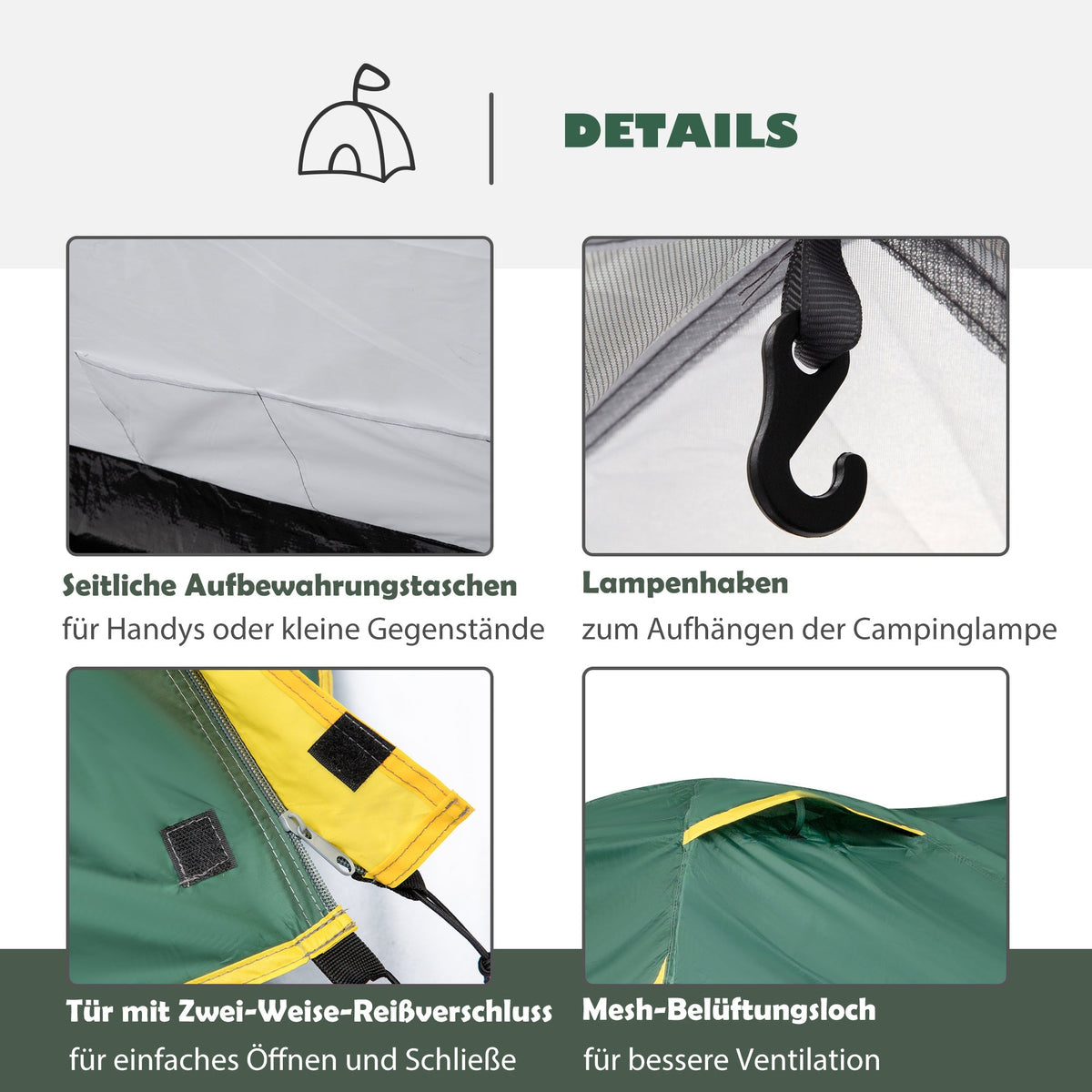 Dome Tent 2-3 Persons Fiberglass Polyester Green+Yellow