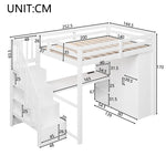 140x200 Loft Bed with Desk, Shelf, Wardrobe, Storage Stairs, USB and LED Lights, White