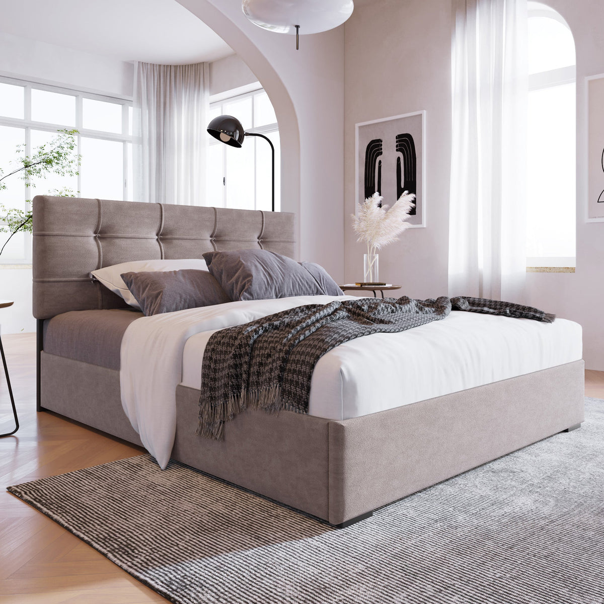 Upholstered Bed 90x200cm, Adjustable Headboard, Velvet, Light Grey