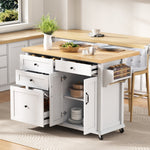 Mobile Kitchen Island, Extendable Dining Table Multifunctional Drawers, White
