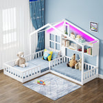 Children's Bed with Window, Shelves and LED Light Strip, 90x200cm, White Solid Wood