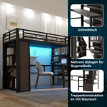 Loft Bed 90x200 cm with Desk, Storage & LED, Black Iron Frame