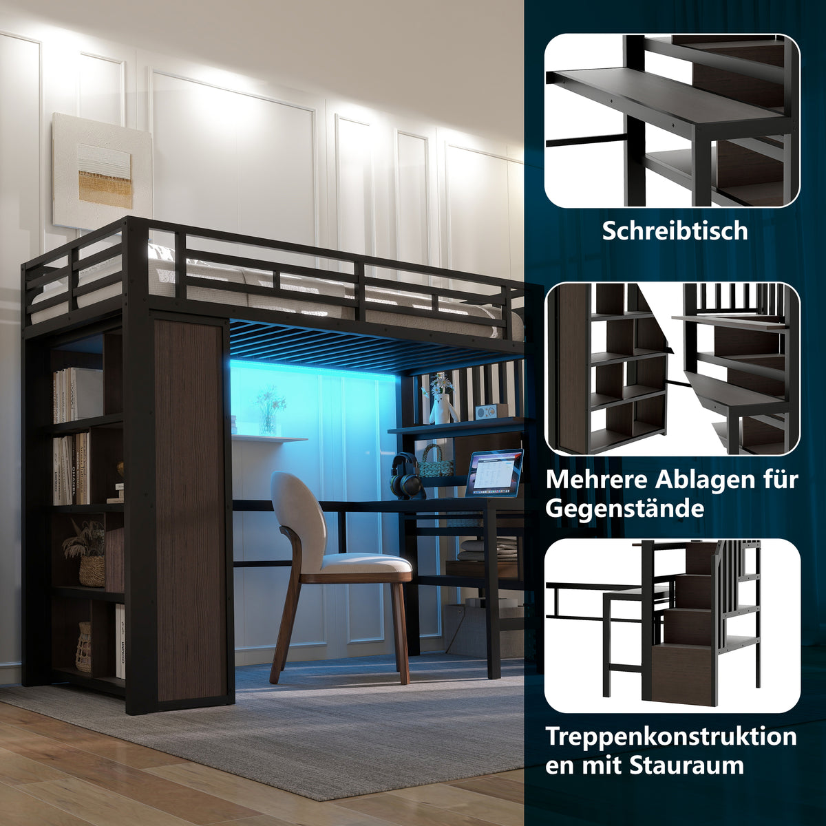 Loft Bed 90x200 cm with Desk, Storage & LED, Black Iron Frame